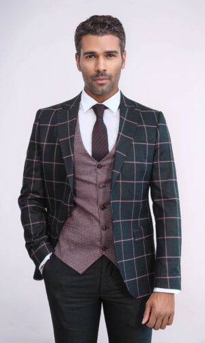 TY-1432-10-AI5 Corbeil-Essonnes Suit: Mand i ternet blazer, vest og bukser.