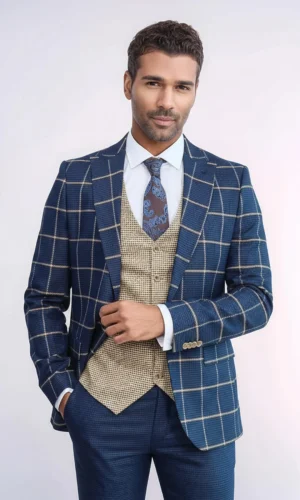 TY-1432-20-AI4_d361af79-3f54-44eb-be1c-4702cb0371d3 Round Rock Suit: Mand i blåt ternet jakkesæt med vest og slips